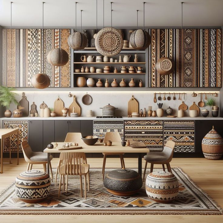 a dining room filled with lots of wooden furniture