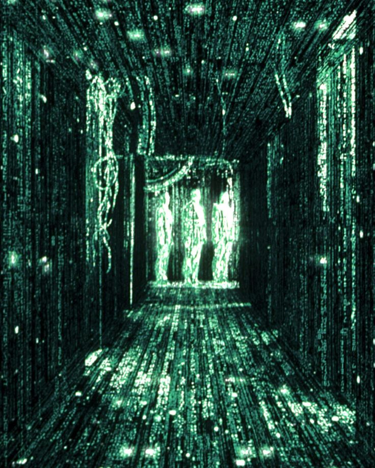 an image of a dark room with lots of green and white lights on the walls