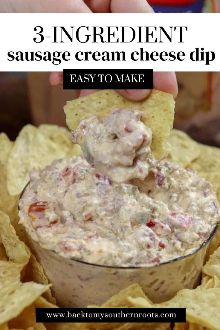 a hand dipping a tortilla chip into a bowl filled with salsa cream cheese dip