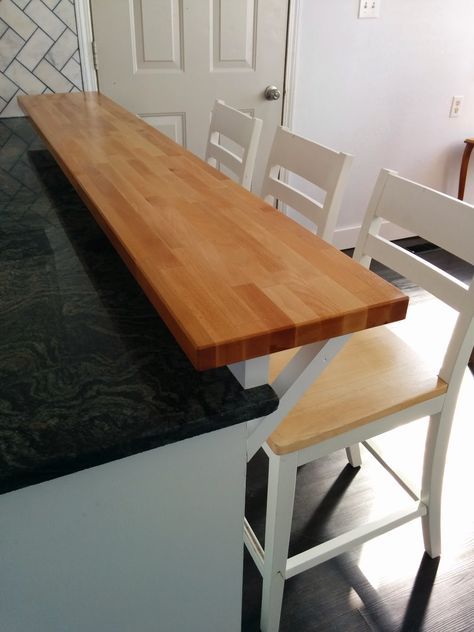 a kitchen island with two chairs and a wooden counter top in front of a door