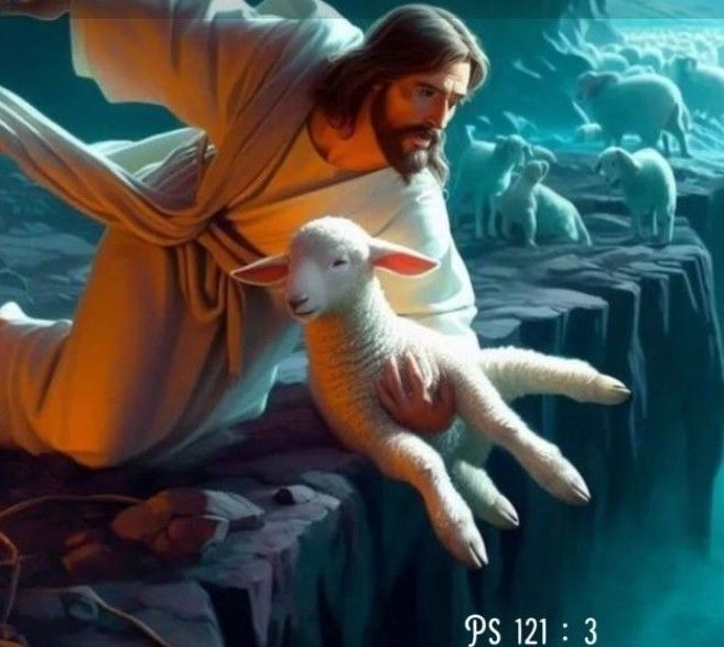 jesus is holding the lamb in his arms while he stands on top of a cliff