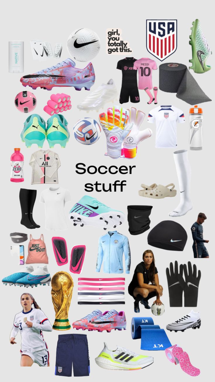 a collage of different sports items including shoes, gloves and socks with the words soccer stuff