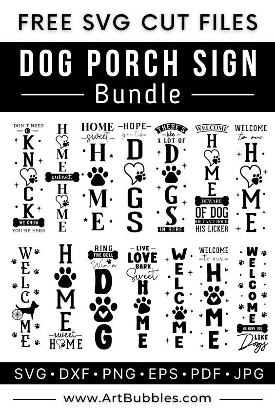 the dog porch sign bundle is shown in black and white, with text that reads free sv