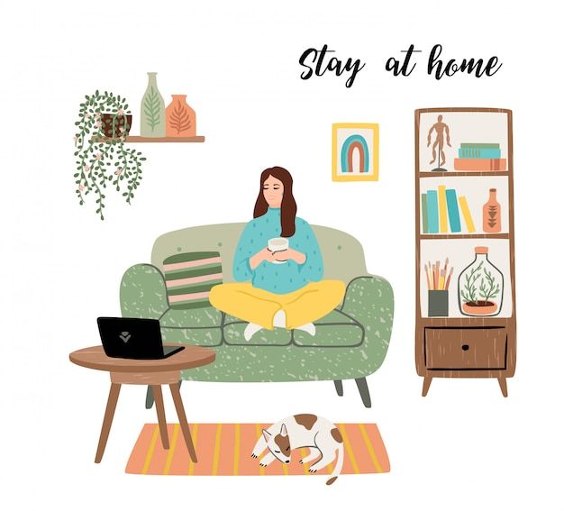 a woman sitting on a couch with a laptop in front of her, and the words stay at home written above it