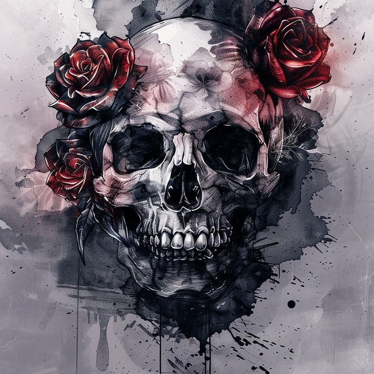 a skull with roses on it's head and watercolor paint splatters