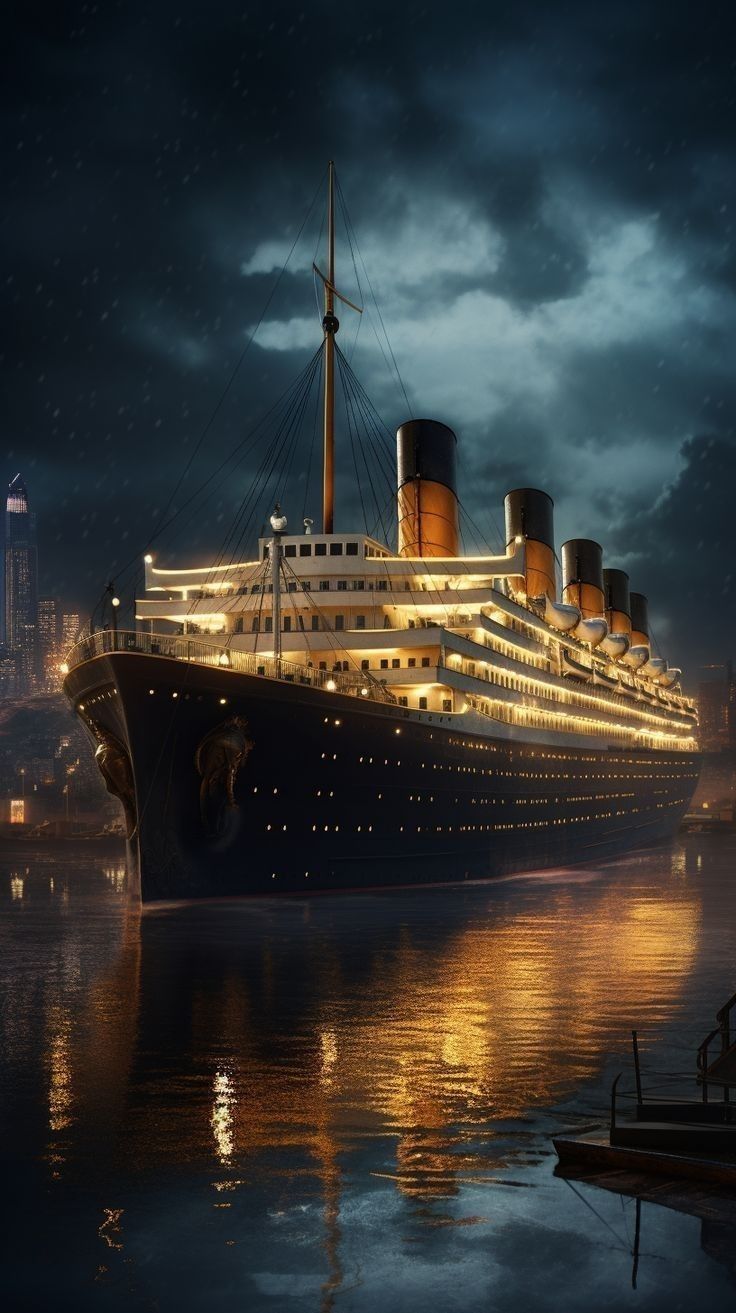 a large cruise ship in the water at night