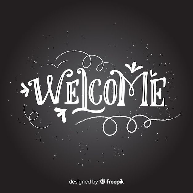 the word welcome written in white chalk on a blackboard with swirls and dots