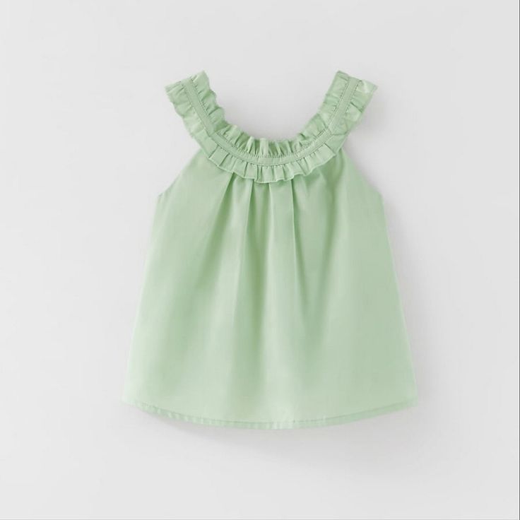 Cutest Ruffly Poplin Shirt For Baby Girl, Brand New, With Labels, Pet And Smoke Free House Spring Green Ruffled Shirt, Spring Cute Tops With Ruffled Collar, Cute Spring Tops With Ruffled Collar, Playful Summer Blouse With Ruffles, Playful Ruffled Blouse For Summer, Cute Top With Ruffled Collar, Cute Sleeveless Blouse With Ruffles, Spring Ruffled Solid Color Shirt, Spring Ruffled Shirt