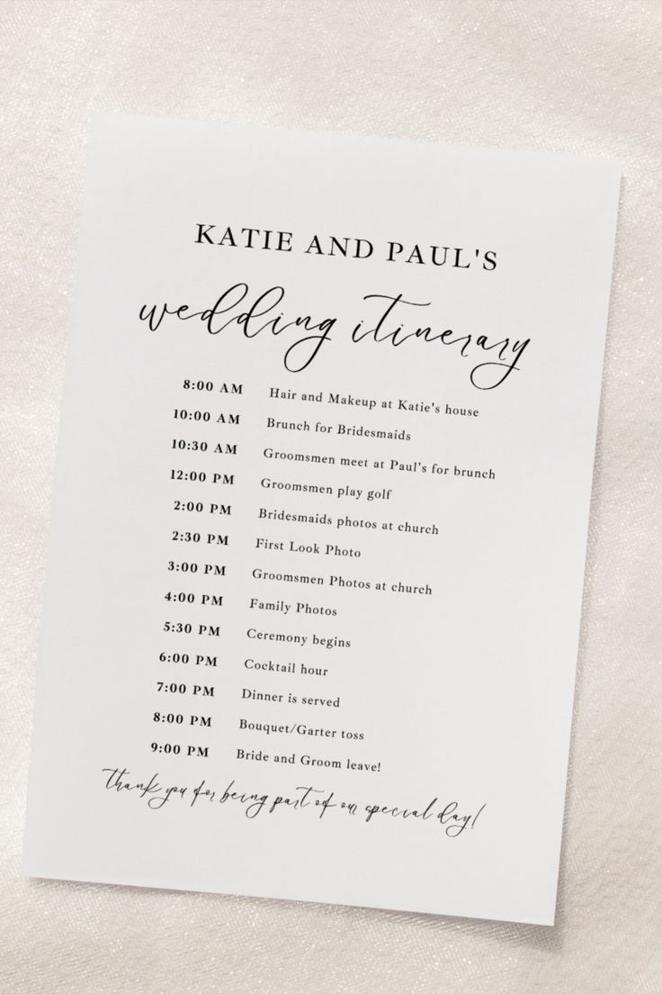 the wedding program is displayed on a white sheet