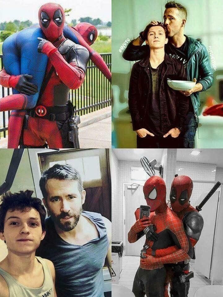 some people are dressed up as deadpool and spider - man