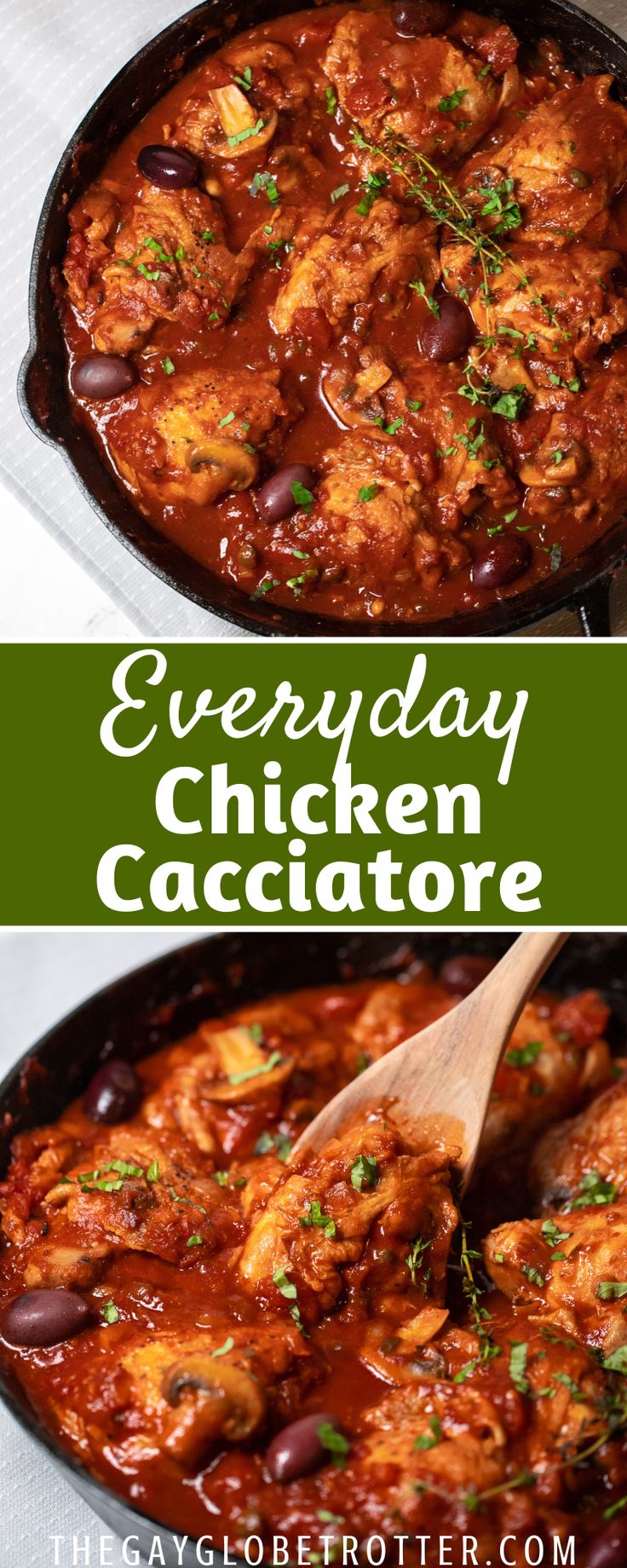 two pictures of chicken cacciatore in a skillet with a wooden spoon