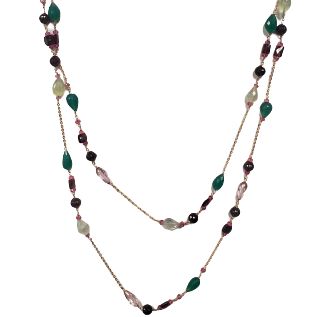 This multicolored beaded necklace has a stunning blend of colors. CO70622 *C-8-LC-G* Elegant Green Oval Bead Necklaces, Elegant Multicolor Double Strand Necklace, Elegant Green Necklaces With Oval Beads, Elegant Green Oval Beaded Necklaces, Elegant Multicolor Crystal Necklaces For Party, Multicolor Double Strand Beaded Necklaces, Multicolor Briolette Necklaces For Jewelry Making, Long Necklace With Colorful Beads For Party, Multicolor Bohemian Necklace With Round Beads