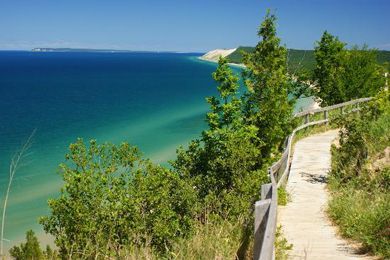 a path leading down to the beach next to some trees and water on a sunny day