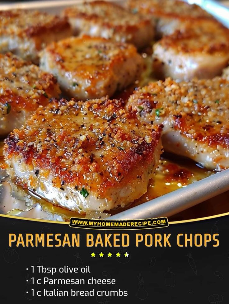 an advertisement for parmesan baked pork chops