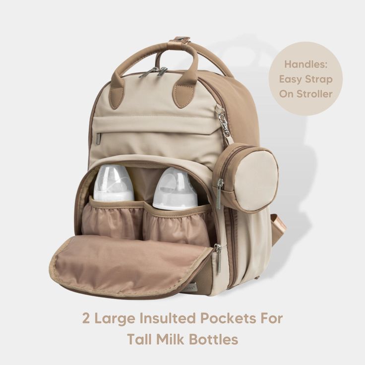 two large insulated pockets for tall milk bottles are shown in front of the backpack