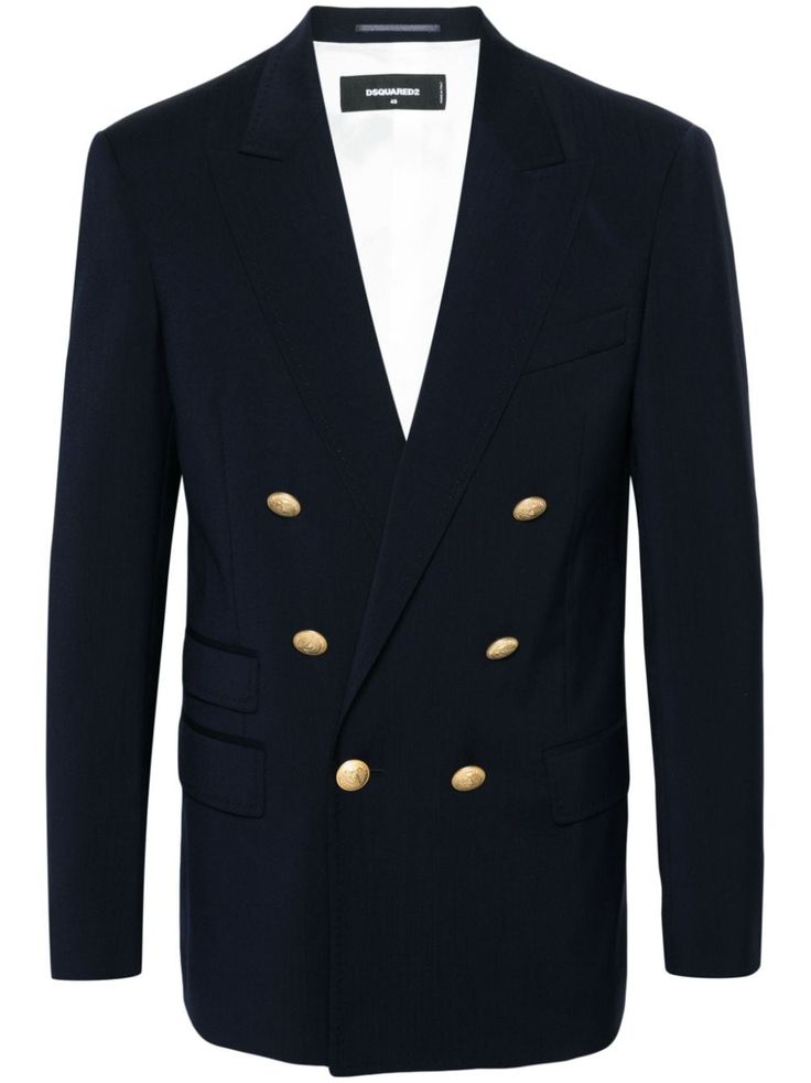 navy blue virgin wool peak lapels long sleeves with buttoned cuffs logo-embossed buttons chest welt pocket two front flap pockets English rear vents multiple internal slip pockets full lining double-breasted button fastening Blazer Blue, Tuxedo Suit, Wool Blazer, Flap Pocket, Welt Pocket, Palm Beach, Mens Suits, Double Breasted, Blazer Jacket