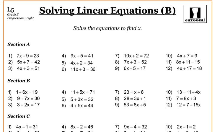 the worksheet for solve linears by using two numbers and one number on each side