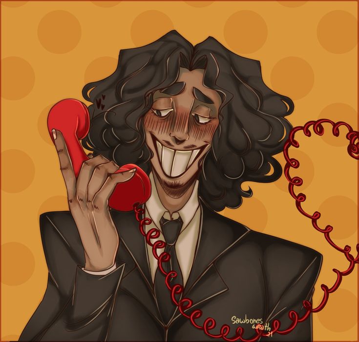 a drawing of a man in a suit holding a red phone to his ear and smiling