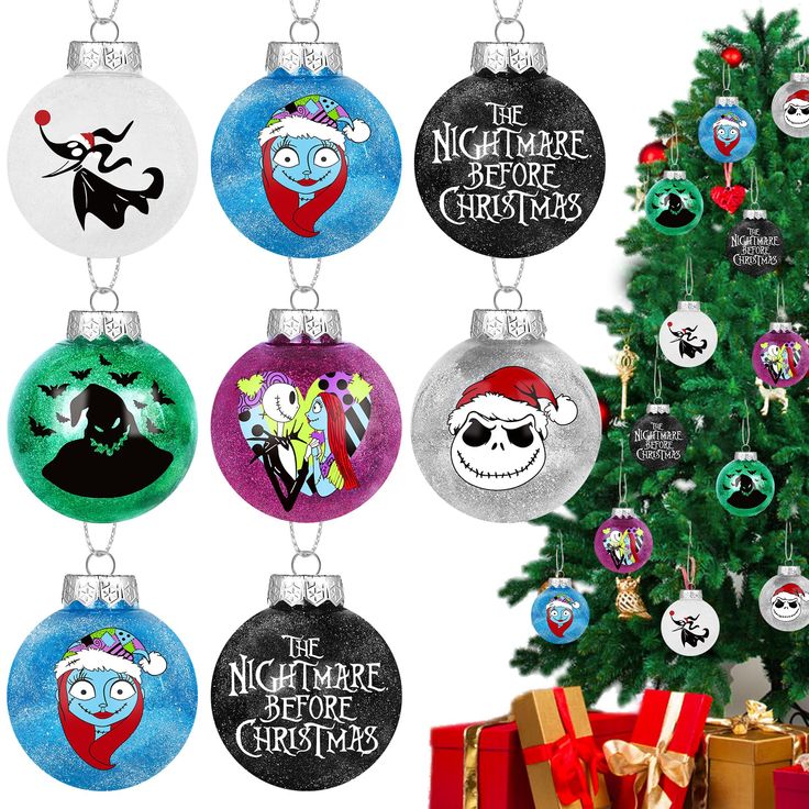 the nightmare before christmas ornament ornaments are hanging from a tree with presents underneath