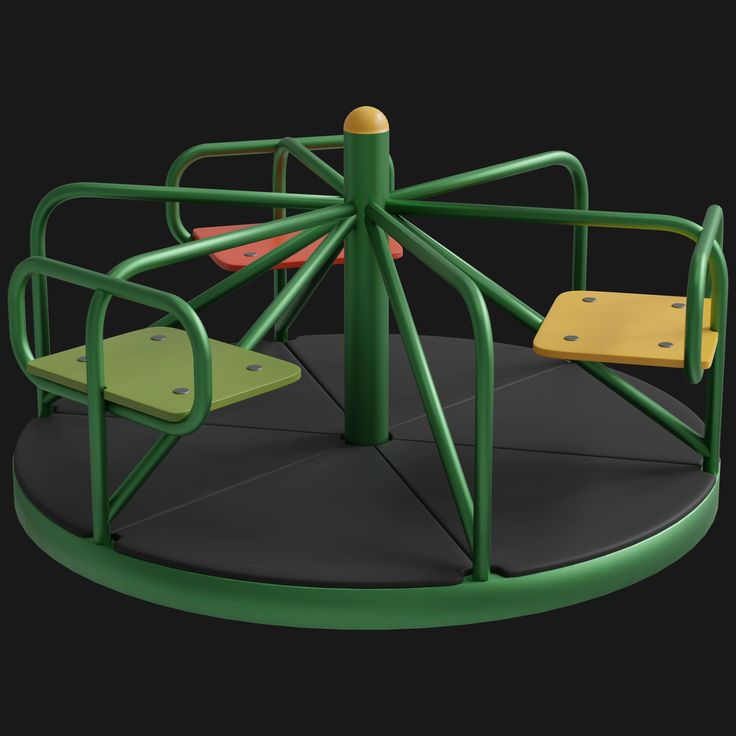 a green and yellow play structure with two seats on it's sides, in front of a black background