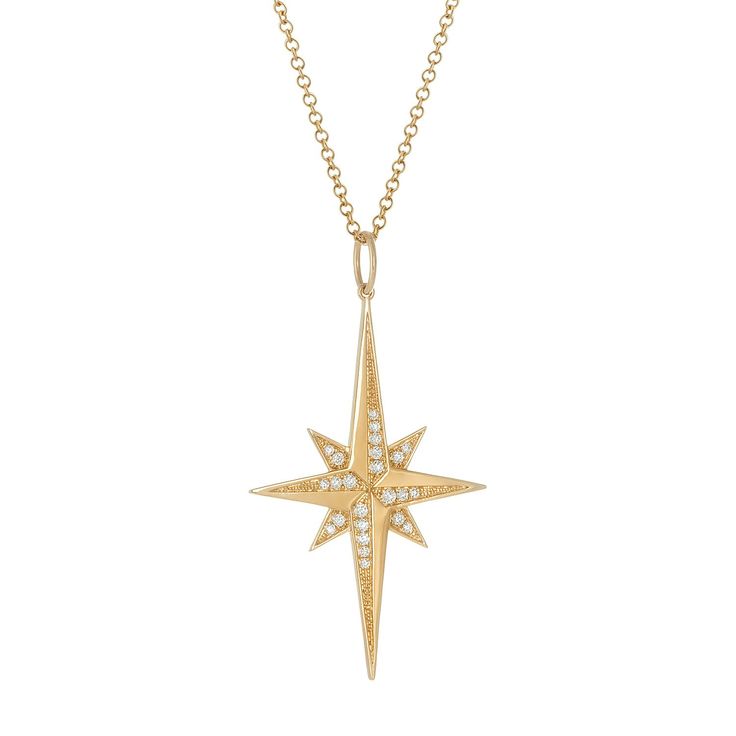 Reminiscent of the brightest star in the sky, an ode to those who light up your life, and a reminder of your own light and inner compass. Featuring a burst of extra-bright diamonds. Details 18K Star Charm50x32mmTCW 0.37ct White Diamonds Chain sold separately Luxury Star-shaped White Gold Diamond Necklace, Luxury White Gold Star-shaped Diamond Necklace, Luxury Star-shaped Diamond Necklace, Celestial Diamond Star Charm Necklace, Celestial Diamond Necklace With Star Charm, Luxury Star-shaped Necklace With Single Cut Diamonds, Luxury Star-shaped Jewelry With Single Cut Diamonds, Diamond Star Charm Necklace In Celestial Style, Luxury Star-shaped Diamond Necklace With Accents