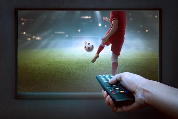 a person holding a remote control in front of a television with a soccer ball on it