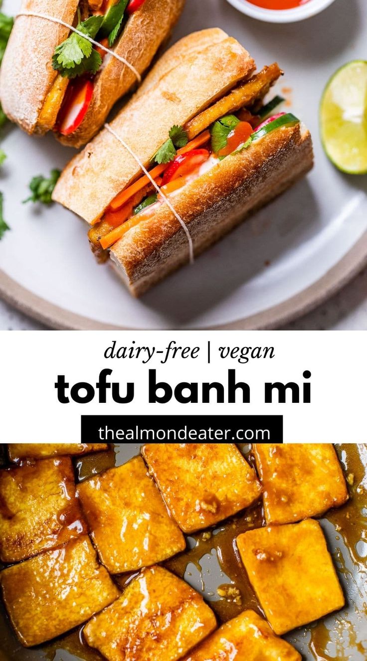 tofu banh mi on a plate with dipping sauce