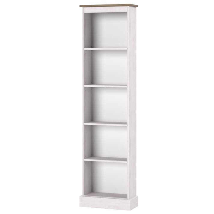 a white bookcase with three shelves on each side