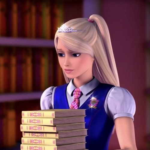 a cartoon girl holding a stack of books in front of a book shelf filled with books