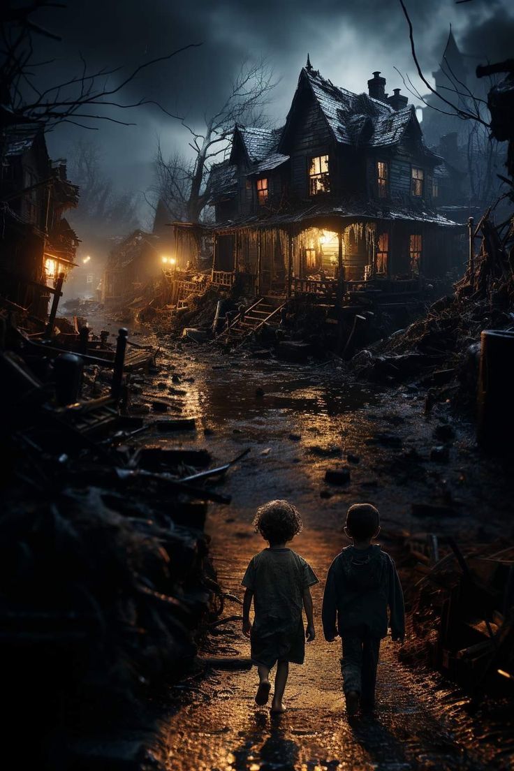 two children walking down a path in front of a creepy house