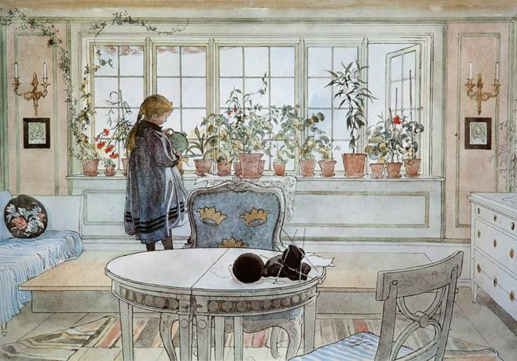 a painting of a woman looking out the window at her cat laying on the floor