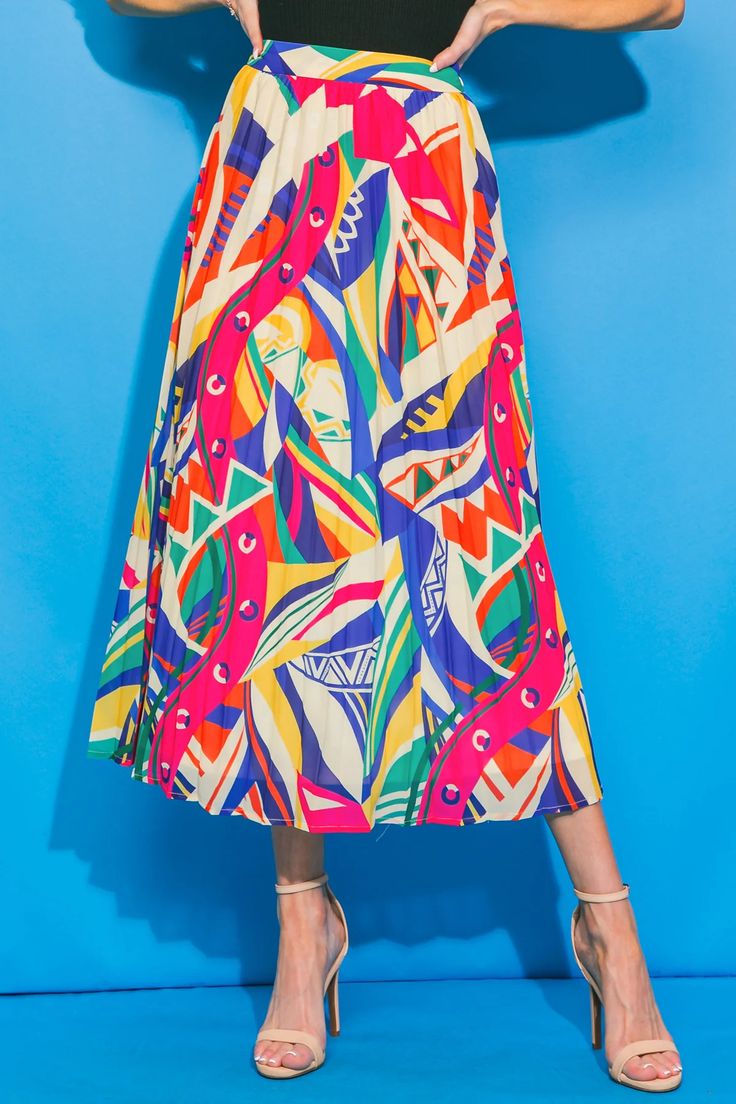 A woven printed midi skirt featuring fully pleated and side zipper closure. Matching top IT12335 Details Self: 100% Polyester Lining: 100% Polyester Size & Fit - Model is 5`8 " And Wearing Size Small - Measurements Taken From Size Small - Approx. Length: 35" Long Pleated Skirt For Day Out, Long Pleated Lined Skirt For Day Out, Spring Midi Lined Skirt, Spring Lined Midi Skirt, Trendy Flowy Midi Skirt, Trendy Flowy Midi-length Skirt, Trendy Flowy Midi Length Skirt, Trendy Flowy Full Skirt Bottoms, Trendy Relaxed Midi Skirt