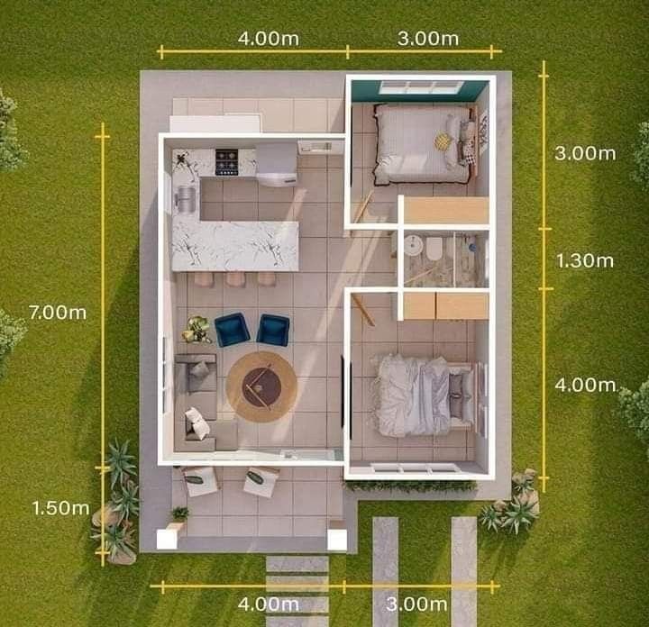 an aerial view of a small house with the measurements