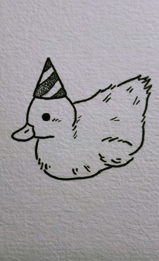 a drawing of a duck with a party hat on it's head is shown