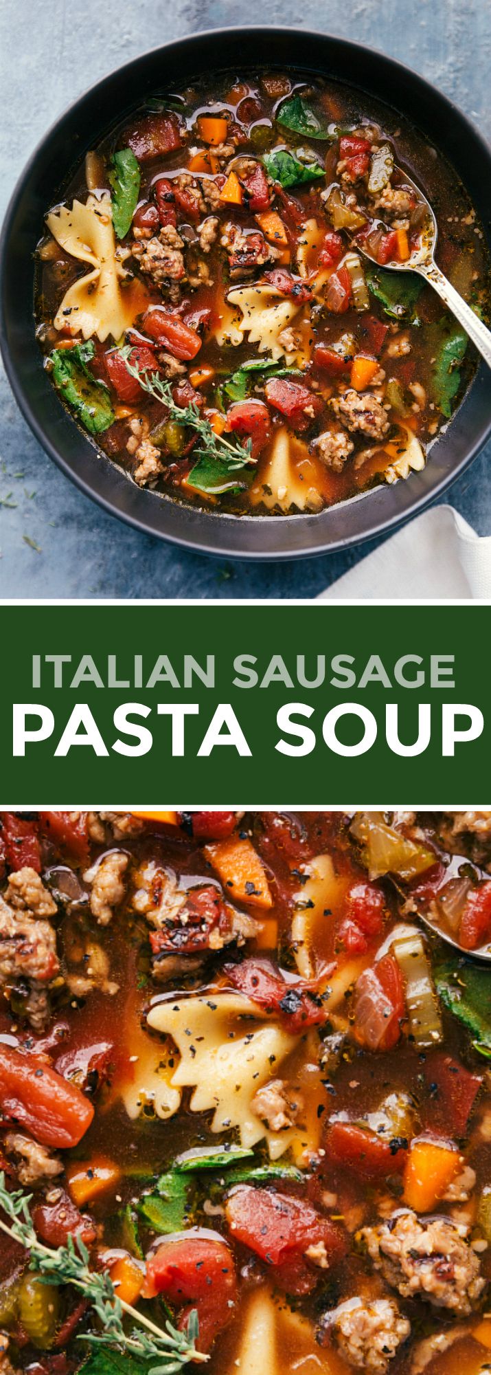 italian sausage and pasta soup in a skillet with the title overlay above it