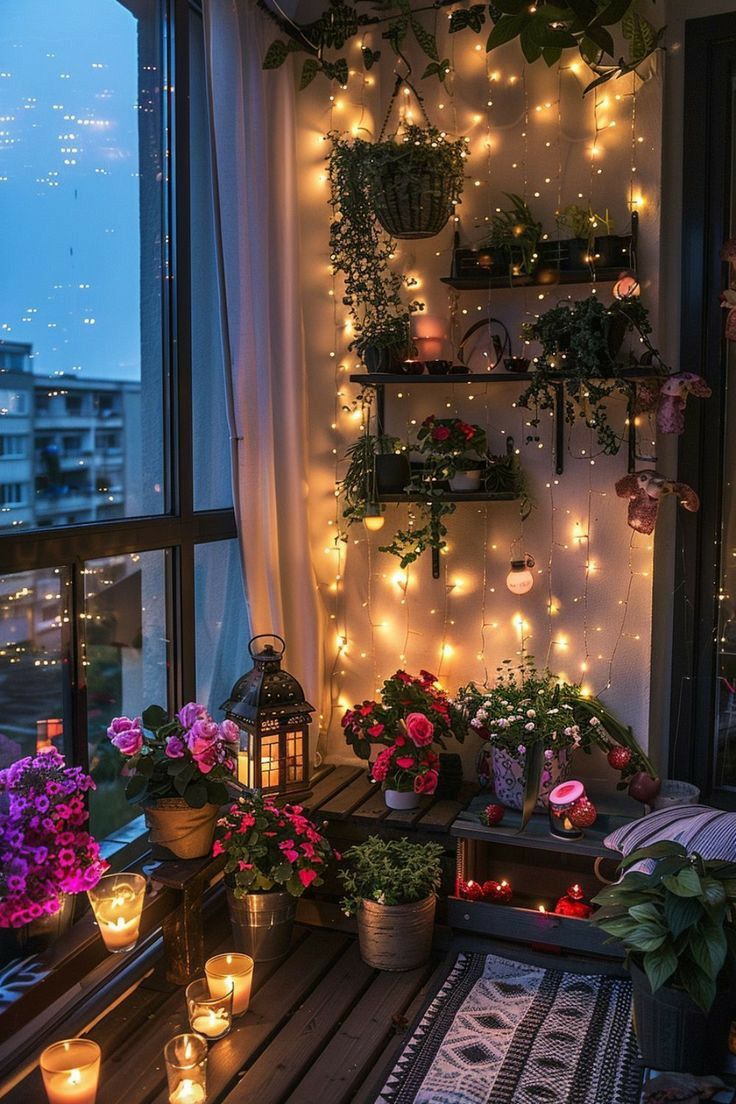 a balcony with potted plants and candles on the windowsill, lit by fairy lights