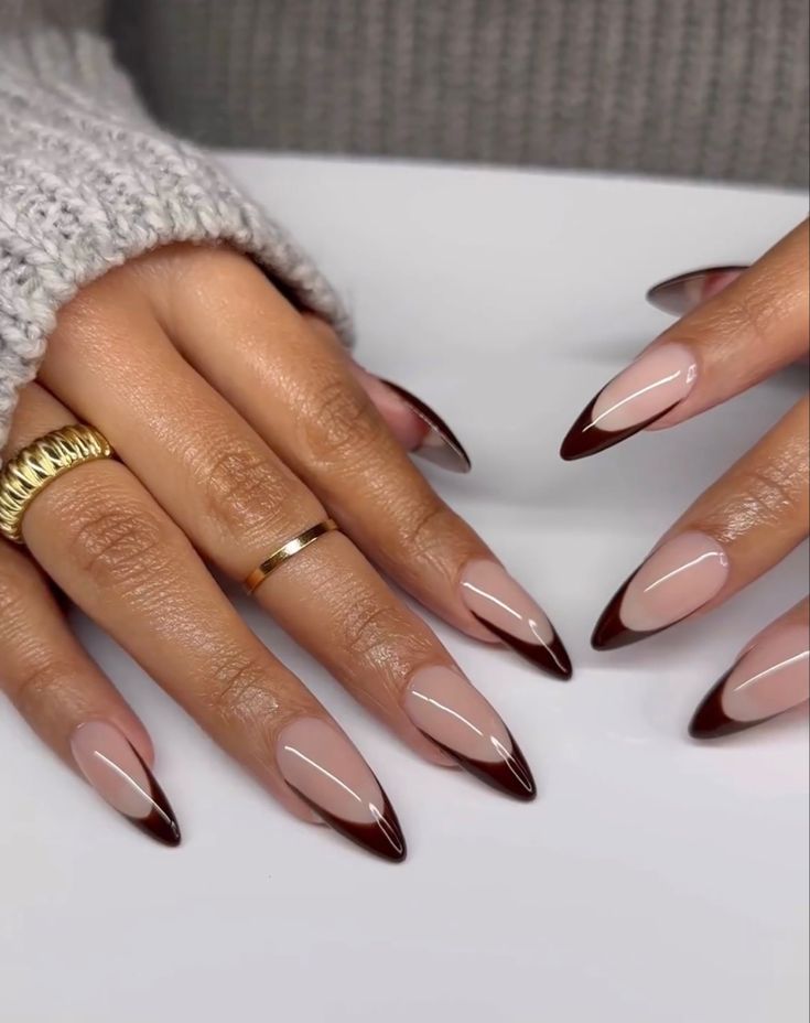 Brown Nail Almond Shape, Almond Nails Fall Colors Black Women, Fall Color Almond Shape Nails, Dark Brown French Tip Nails Almond, Medium Almond Nails Designs Fall, Short Almond Manicure, Trendy Almond Acrylic Nails, Fall Nails 2023 Trends Almond, Fall Acrylic Nails Almond Shape