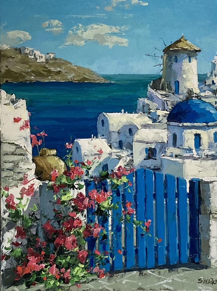 an oil painting of a blue and white building by the ocean with flowers in front of it