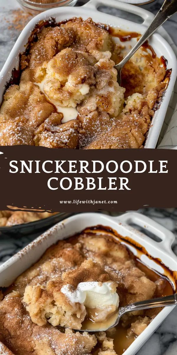 a close up of a casserole dish with ice cream on top and the words snickkerdoodle cobbler above it