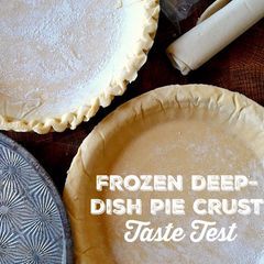 frozen deep dish pie crust taste test on a wooden table with two pie pans