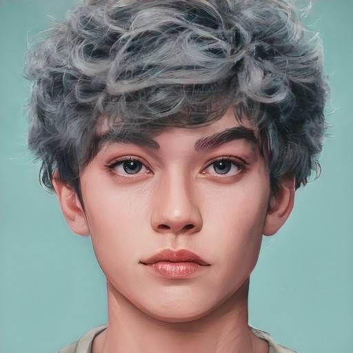 an artist's rendering of a young man with grey hair and blue eyes, wearing a white t - shirt