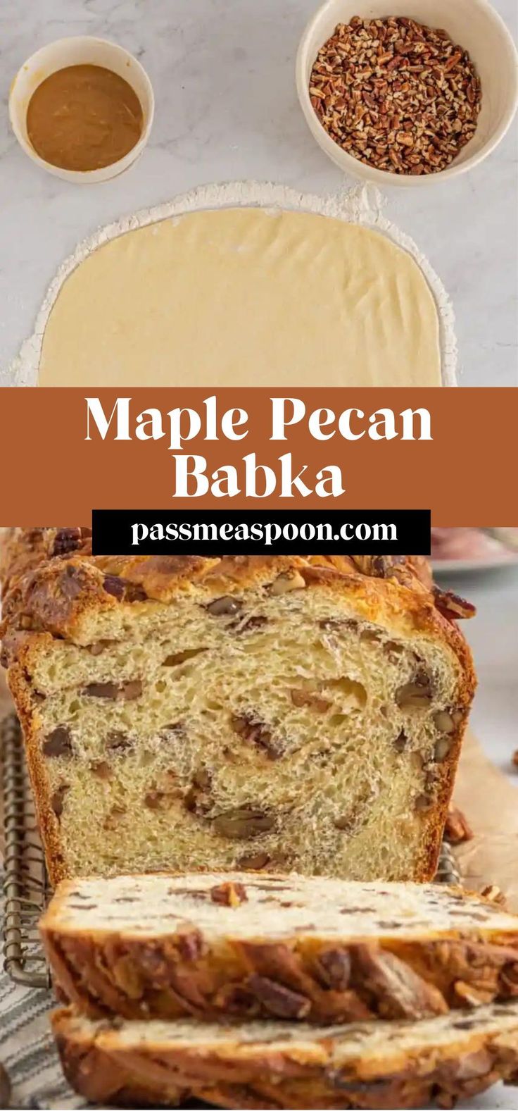 a loaf of maple pecan babka bread on a cooling rack