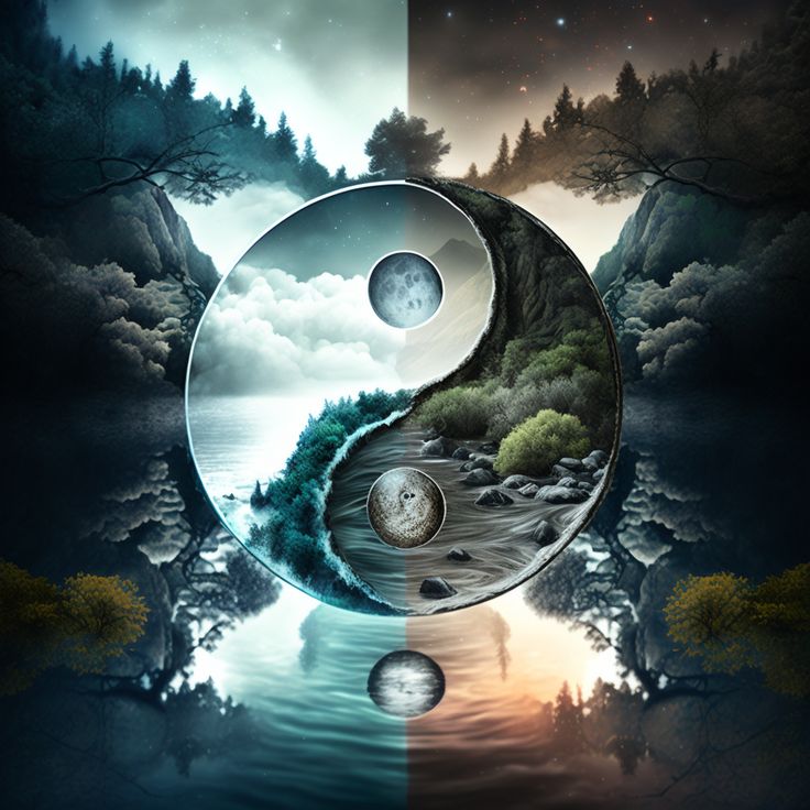 the yin symbol is depicted in this artistic photo with water and trees around it, as well as mountains