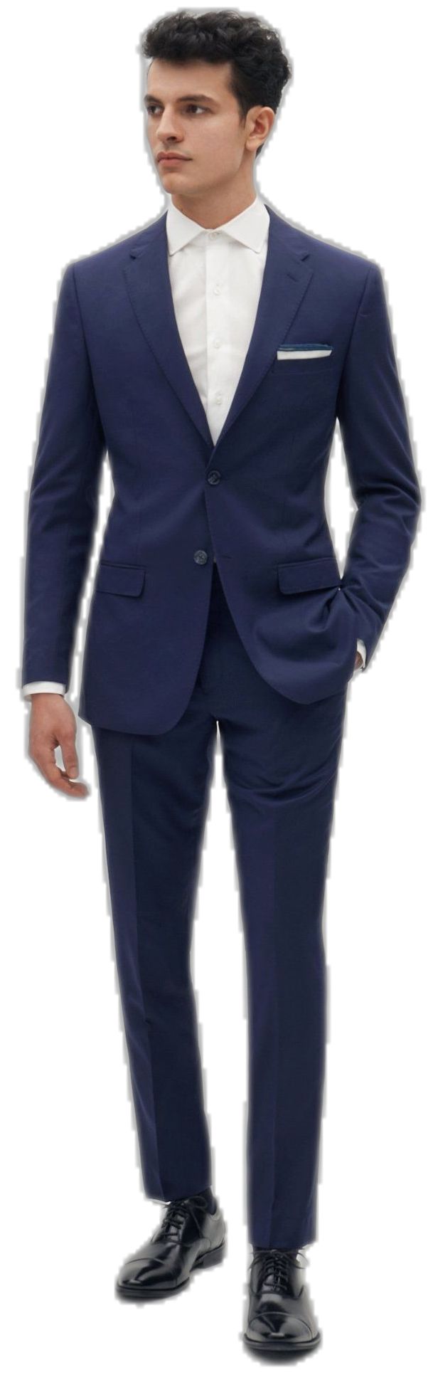 Blue Semi-formal Suits With Flat Front, Blue Semi-formal Flat Front Suits, Blue Slim Fit Suits With Welt Pockets, Professional Blue Single Button Suit, Blue Single Button Professional Suit, Professional Blue Tuxedo, Professional Blue Tuxedo In Suiting Fabric, Professional Blue Suits With Pressed Crease, Formal Blue Slim Fit Dress Pants