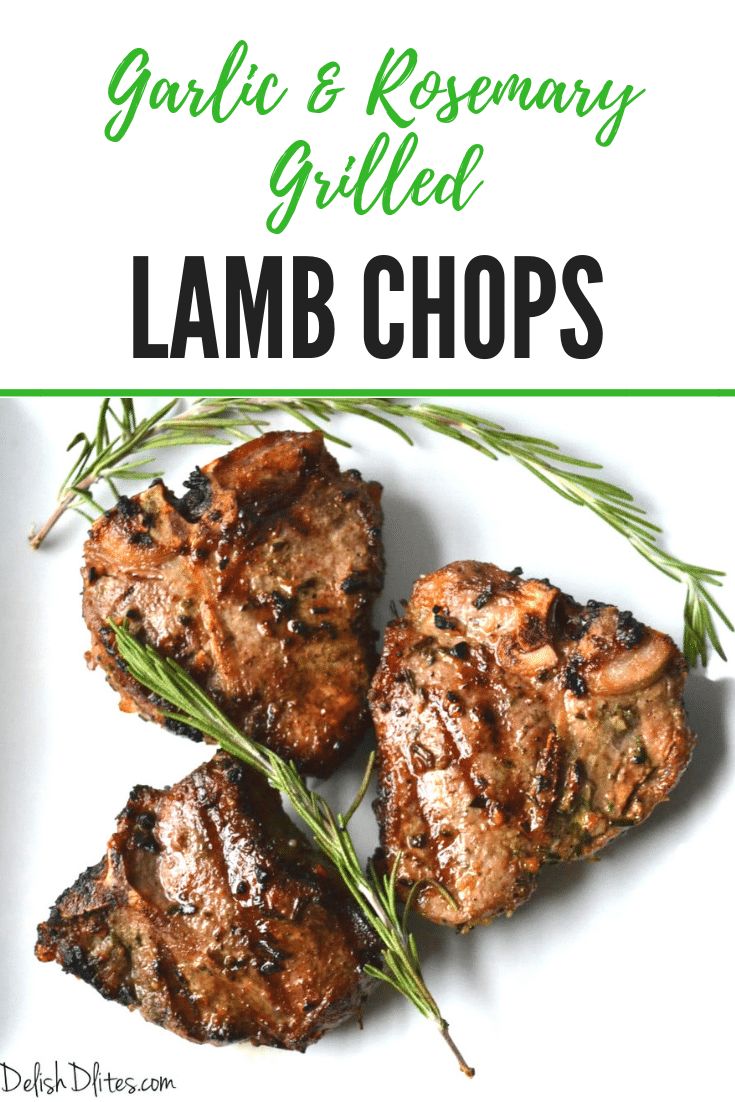 garlic and rosemary grilled lamb chops on a white plate with text overlay