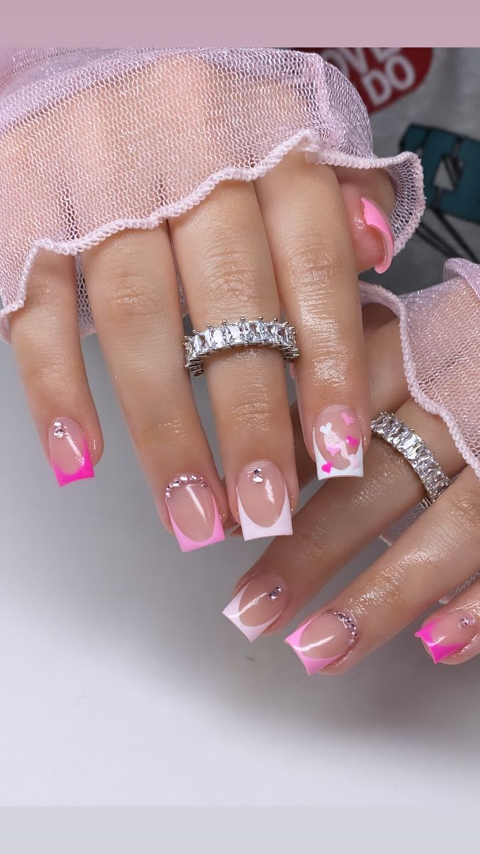 Tips Nails Design Short, Short Acrylic Tips, Pink Shade French Tip Nails, Short Square Acrylic Nails Pink And White Ombre, Valentines French Tips Nails, Short Pink French Tip Nails With Hearts, Valentines Nails Pink French Tips, French Nails With Pink Design, Pink Short Nails French Tip