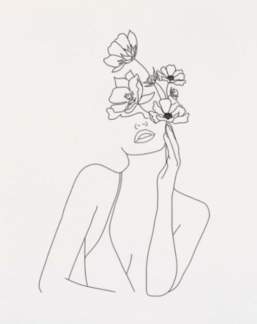 a line drawing of a woman with flowers in her hair, looking to the side