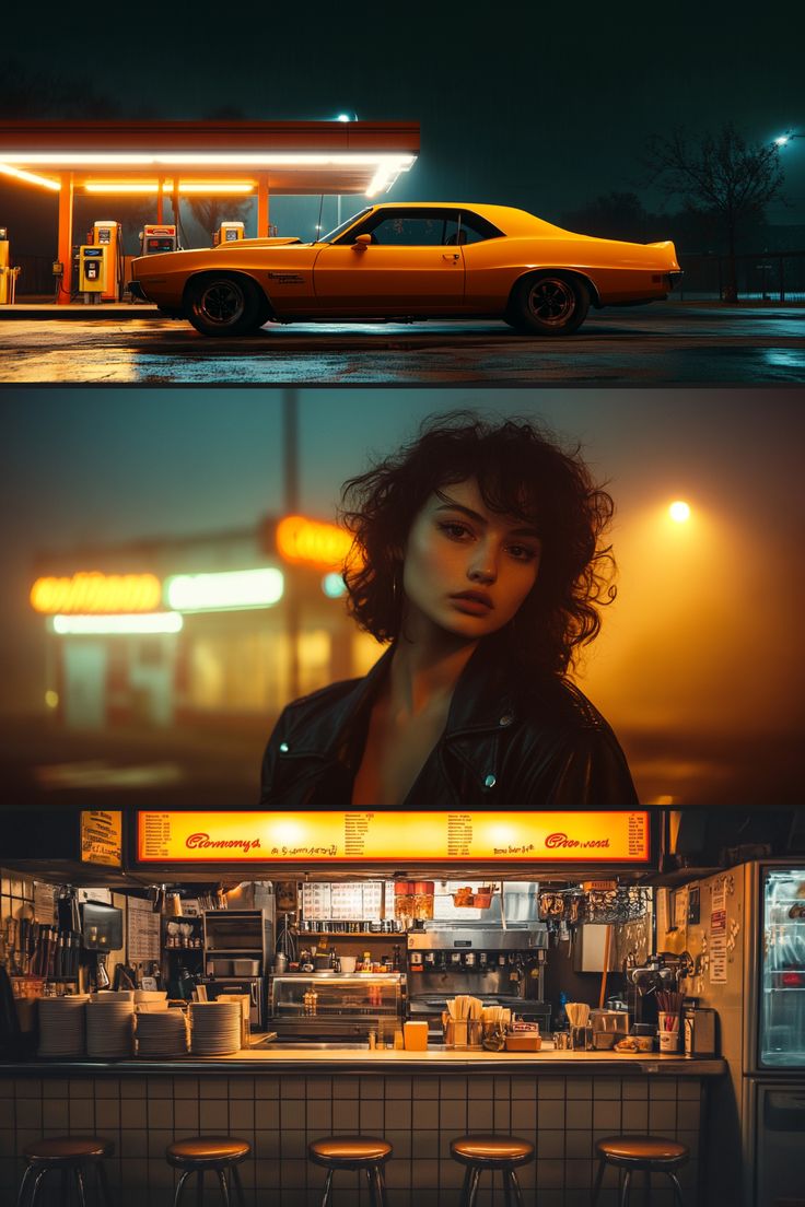 two different shots of a woman in front of a gas station at night and on the street