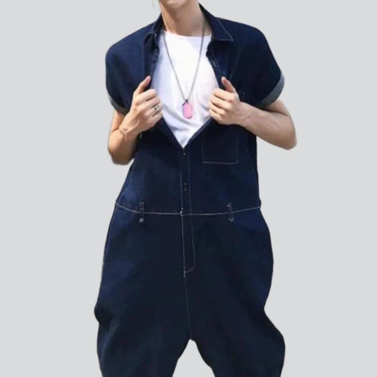 Welcome to the 2023 Spring-Summer Collection! Step up your street style with our one-of-a-kind navy denim overalls ââ‚?designed with dark wash. baggy fit. and button closure features to make a bold statement.Why Our Navy Denim Overalls Are a Must-Have Dark Wash for a Timeless Look: Make a statement with this shade of navy blue ââ‚?perfect for a night out or a day in the park. Baggy Fit for Comfort: Get the perfect fit with this relaxed silhouette ââ‚?designed to keep you comfortable all day long Casual Denim Blue Short Sleeve Overalls, Trendy Relaxed Fit Short Sleeve Overalls, Casual Dark Wash Denim Overalls, Utility Overalls With Button Closure And Relaxed Fit, Dark Wash Short-sleeve Jumpsuit With Relaxed Fit, Dark Wash Relaxed Fit Short Sleeve Jumpsuits And Rompers, Dark Wash Relaxed Fit Jumpsuit With Short Sleeves, Casual Navy Jumpsuits And Rompers With Pockets, Casual Short Sleeve Overalls With Button Closure