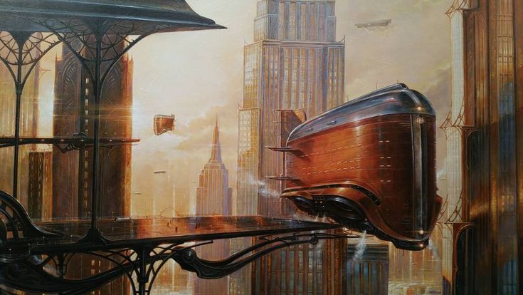 a painting of a futuristic city with skyscrapers in the background and a large clock tower